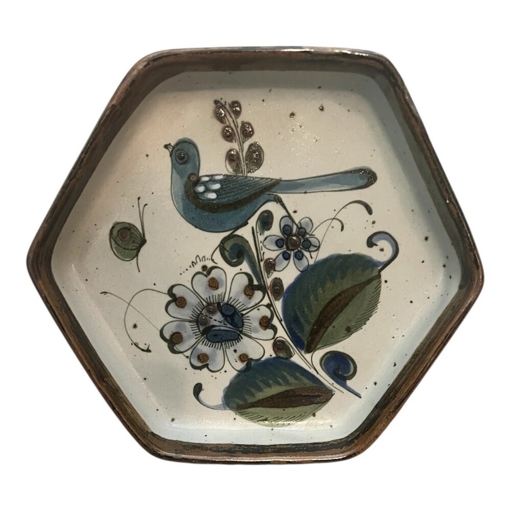 Mexican Pottery Hexagonal Plate With Bird & Floral Design Signed MRR 9"